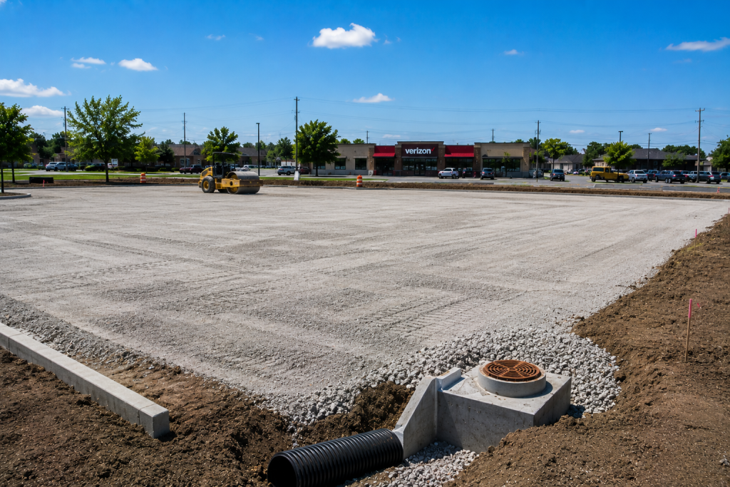 Completed site preparation with graded and compacted foundation